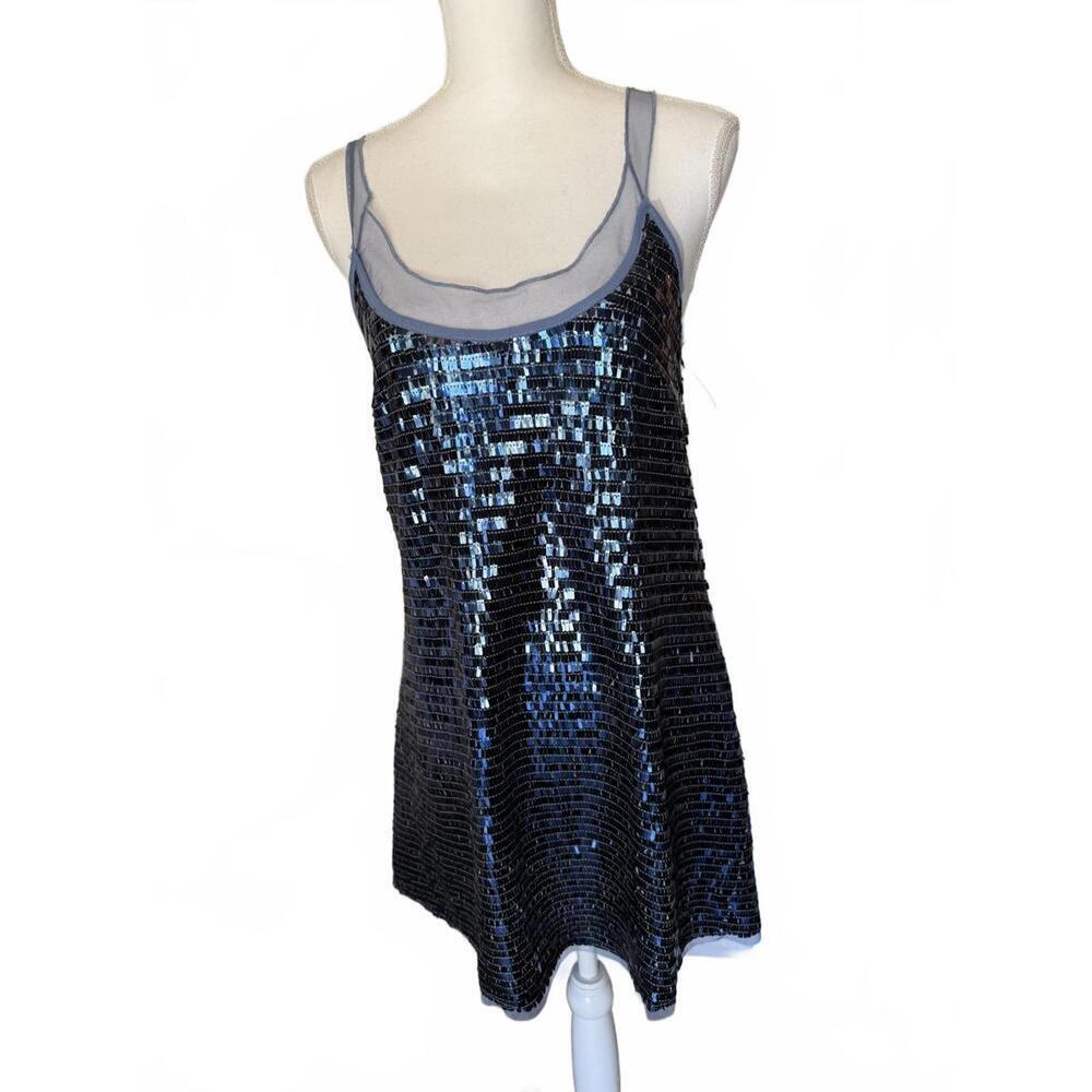 Free People Blue Sequin Party Dress with Sheer Mesh Detail, Small